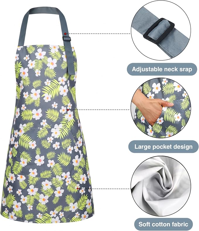 BOUMUSOE 3 Pack Floral Aprons with Pocket, Blooming Womens Aprons | Waterproof Adjustable Cooking Aprons for Kitchen Gardening and Salon - Image 2