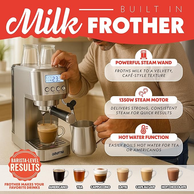Gourmia Slim Espresso Machine with LCD Screen - Milk Frother, Adjustable Temperature, Manual & Auto Brew, Single/Double Shot, Hot Water Dispenser, Descaling Mode, Compact