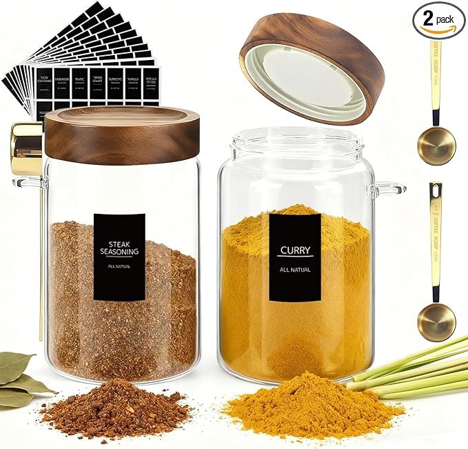 Airtight Glass Storage Jar with Lids Spoons Labels Coffee Ground Canister Sugar Container for Coffee Beans Nut Pasta Sugar Candy Spice Rice Loose Tea(900ml/30oz-2Pack)
