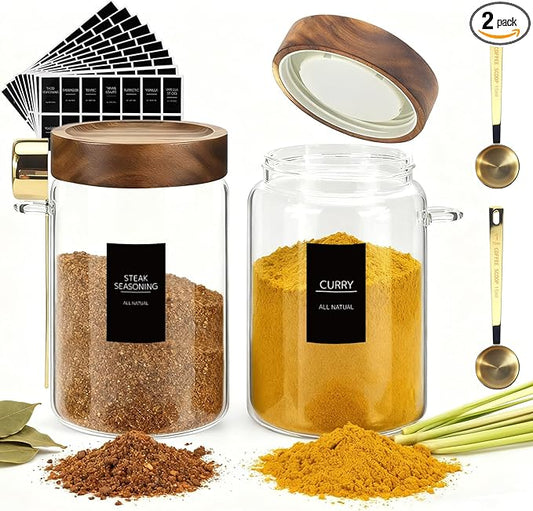 Airtight Glass Storage Jar with Lids Spoons Labels Coffee Ground Canister Sugar Container for Coffee Beans Nut Pasta Sugar Candy Spice Rice Loose Tea(900ml/30oz-2Pack)