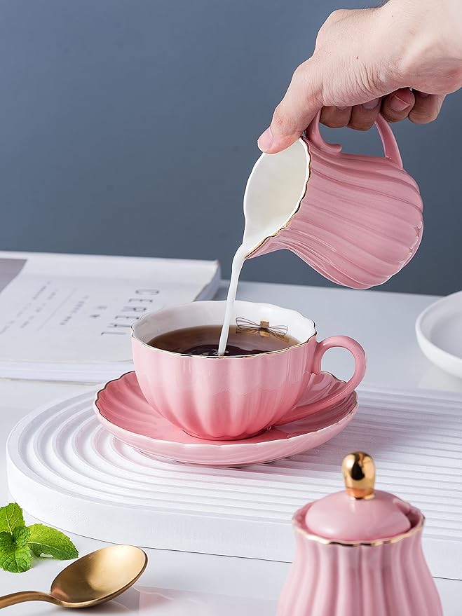 Jusalpha Service for 6- Fine China Pink Coffee Cup/Teacup Set, 8 OZ Cups& Saucer, with Teapot-Sugar Bowl-Cream Pitcher Teaspoons and tea strainer for Tea/Coffee- 24 PC (Pink, Serve of 6)
