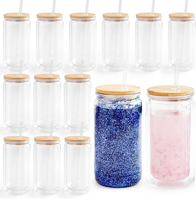 12 Pack Acrylic Snow Globe Tumbler with Bamboo Lids and Straws 16 oz Plastic Snowglobe Tumbler with Pre Drilled Hole Clear Double Wall Snowglobe Cups for Snow Globe Glitter DIY