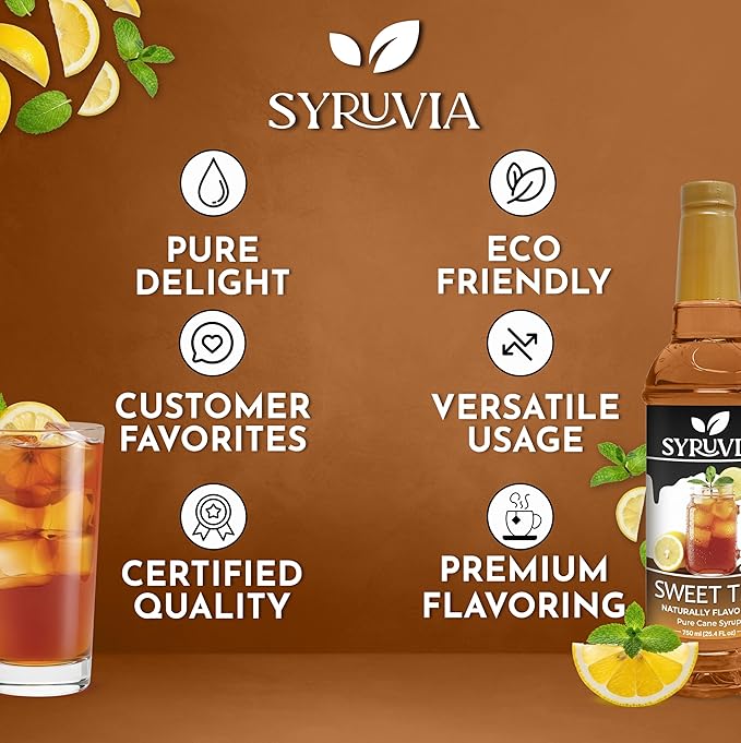 Syruvia Sweet Tea Flavored Syrup for Drinks, Cocktails, Lemonades, Iced Teas and Desserts – 25.4 fl oz, With Pump