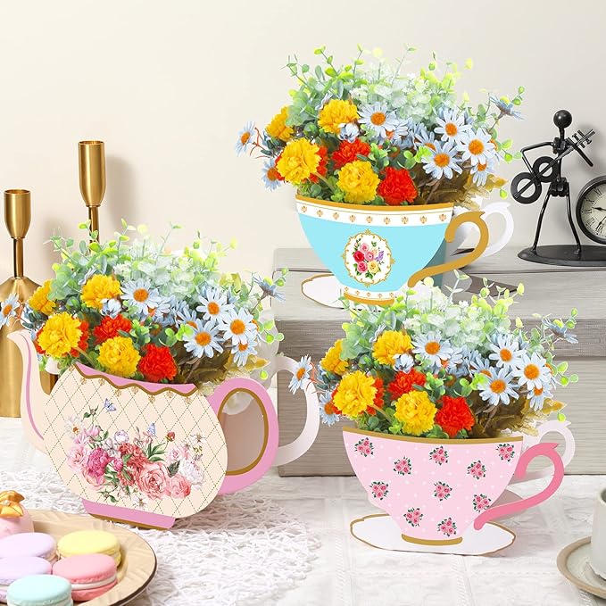Yinder 6 Pcs Tea Party Decorations Princess Party Flower Boxes Centerpiece Floral Teapot Centerpiece for Floral Tea Themed Birthday Wedding Supplies(Retro Tea Pot Tea Cup)