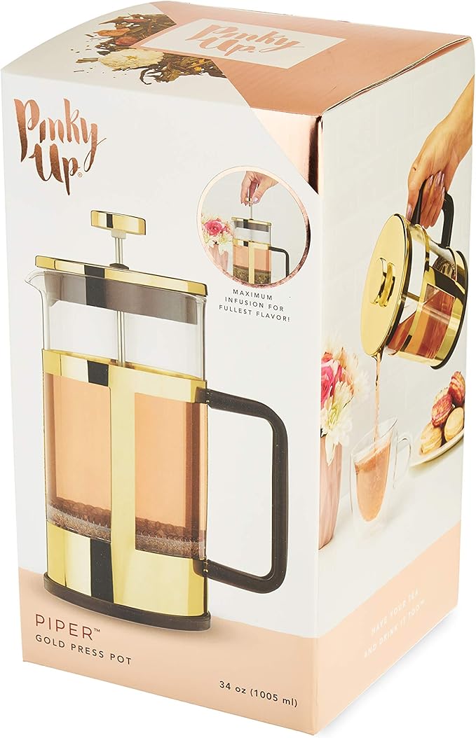 Pinky Up Piper Stainless Steel French Press Coffee Maker, Borosilicate Glass Tea Press for Loose Tea, Stylish, Durable & Easy to Clean, Sleek Design, Coffee Bar Accessories, 34 oz, Gold