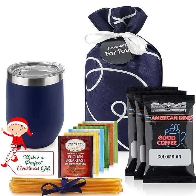 Tea and Coffee Lovers Gift Set - Includes Temperature Retention Cup, 3 Fresh Roasted Full Pot Ground-Coffee Samplers, 6 Special Blend Teabags & Honey Presented in Beautiful Gift Bag For Women & Men