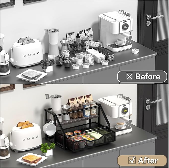 Coffee Syrup Rack Organizer, Syrup Bottle Holder Stand for Coffee Bar, 2-Tier 8 Bottles Storage Shelves for Syrup, Wine, Dressing for Kitchen Countertop, Grey