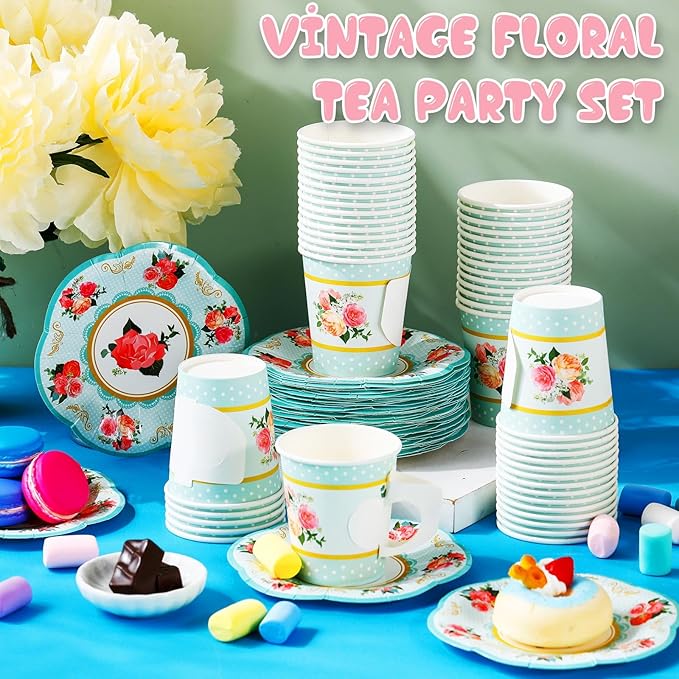 100 Pcs Tea Party Decorations Includes 50 7 oz Paper Tea Cups with Handle 50 Vintage Floral Plates Disposable Tea Cups and Saucers for Wedding Spring Party Birthday Hot Cold Drinks(Blue)