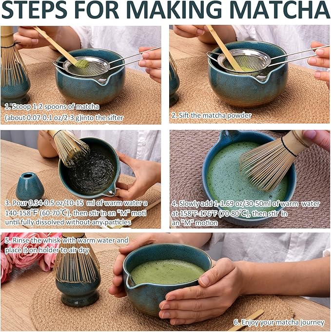 Joyscale Matcha Whisk Set, Matcha Set Whisk And Bowl, 8 Pcs Matcha Kit Set(Ancient Kiln Design), 14 OZ, Japanese Matcha Tea Set, Matcha Making Kit Gifts for Tea Lovers(Blue)