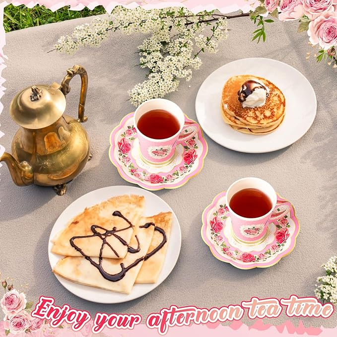 Domensi 60 Pieces Tea Party Decorations Include 30 Pcs 9 oz Paper Cups with Handle and 30 Pcs Tea Party Paper Plates Disposable Blossom Teacups and Saucers for wedding Favors(Classic)