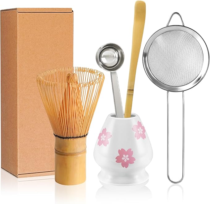 Matcha Whisk Set Matcha Making Kit Bamboo Chasen Ceramic Whisk Holder Stand Sifter Scoop Japanese Tea Tools (White)