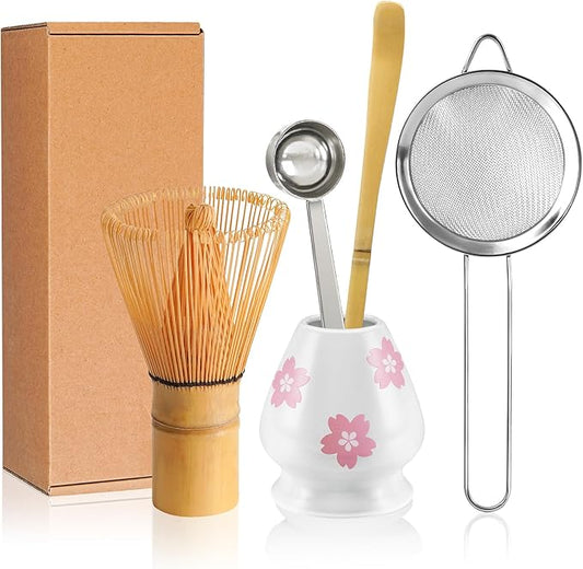 Matcha Whisk Set Matcha Making Kit Bamboo Chasen Ceramic Whisk Holder Stand Sifter Scoop Japanese Tea Tools (White)