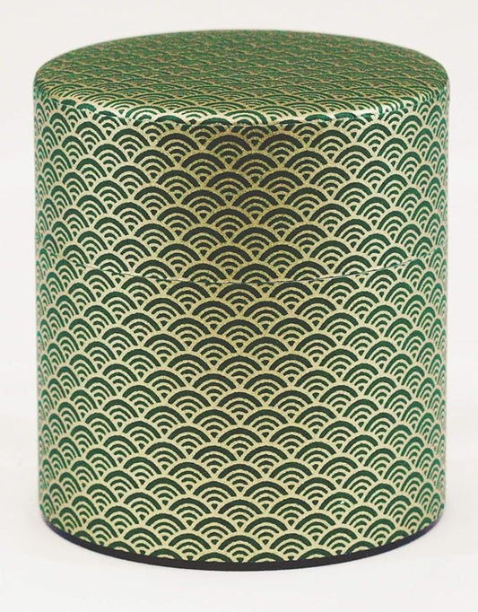 Washi Paper Tea Tin Canister: Wide 5.3oz (150g) Jade Waves with Gold Outlines (#92), Japan