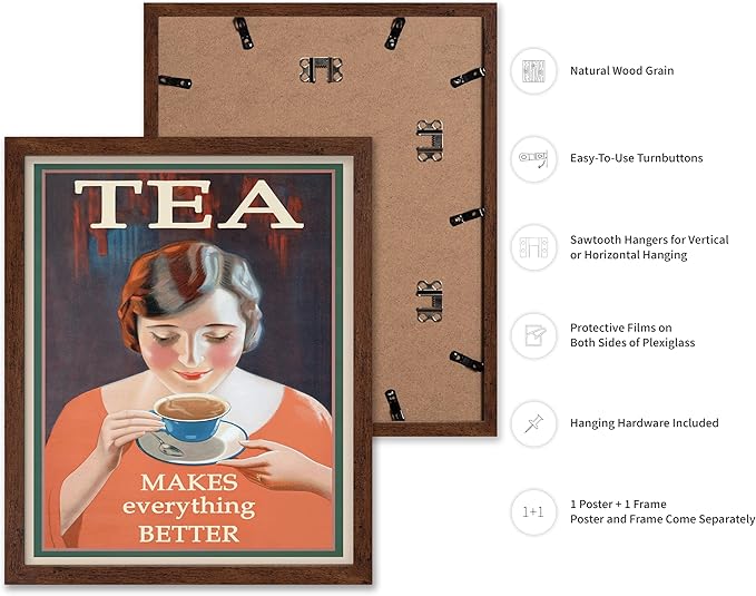 Poster Master Vintage Tea Makes Everything Better Print - Retro Food & Drink Poster - Positive Quotes Art - Gift for Women, Tea Lover - Decor for Kitchen, Teahouse - 11x14 Brown Framed