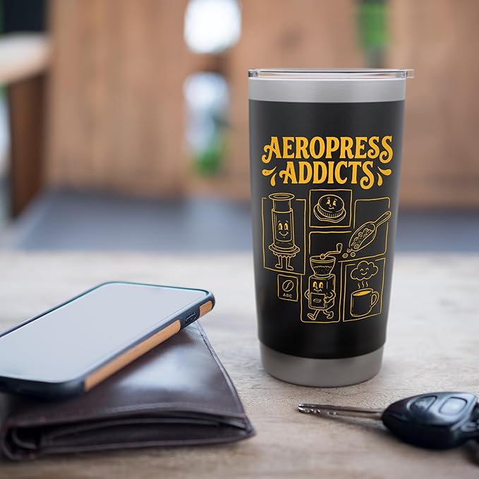 Kawaii Coffee Brewing Characters Shirts AeroPress Addicts Stainless Steel Insulated Tumbler