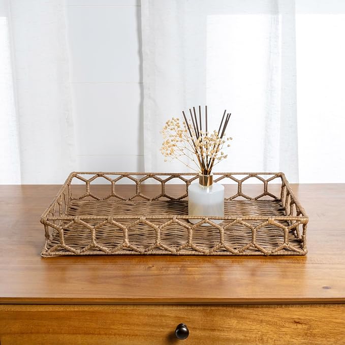happimess TRY1001A Honeycomb 19.75" Rustic Bohemian Hand-Woven Rattan Tray for Storage,Decoration, Display, Coffee Table or Serving Food, Natural