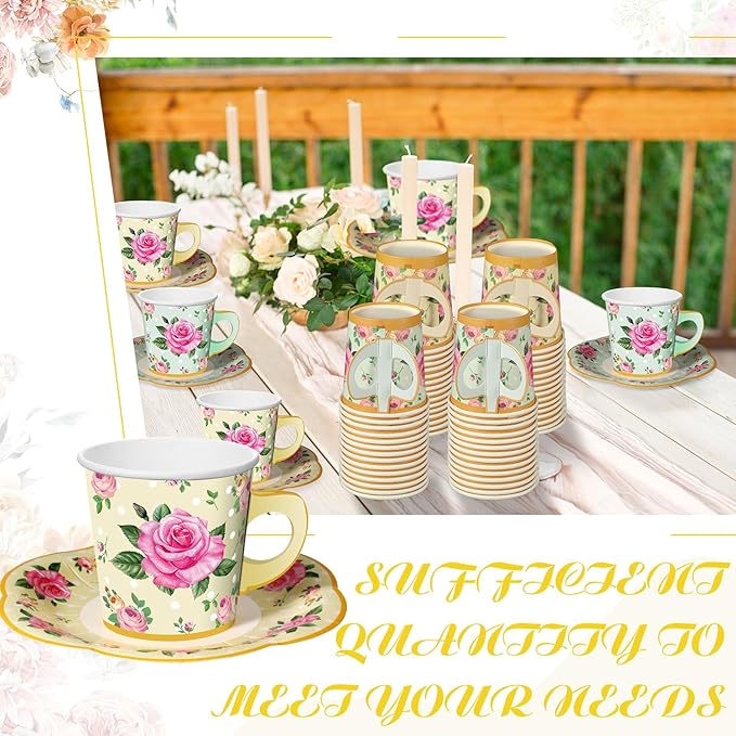 Umigy 60 Sets Tea Party Decorations 6.5 oz Floral Paper Tea Cups with Handle and Plates Disposable Blossom Teacups and Saucers Sets for Girls Kids Birthday Garden Wedding Party Supplies(Yellow, Green)