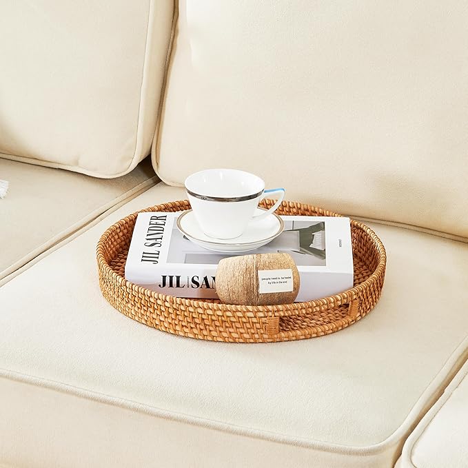 Round Rattan Tray, 2 Pack Handwoven Wicker Serving Trays with Handles for Storage and Display (13.78"x1.97";11.81"x1.97")