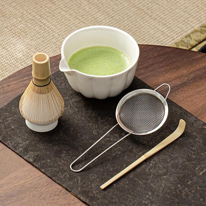 Matcha Whisk Set, Matcha Set Includes Ceramic Matcha Bowl, Bamboo Whisk, Scoop, Chasen Holder, Sifter, 5 Pcs Perfect Matcha Kit for Matcha Lover (Pearl White)
