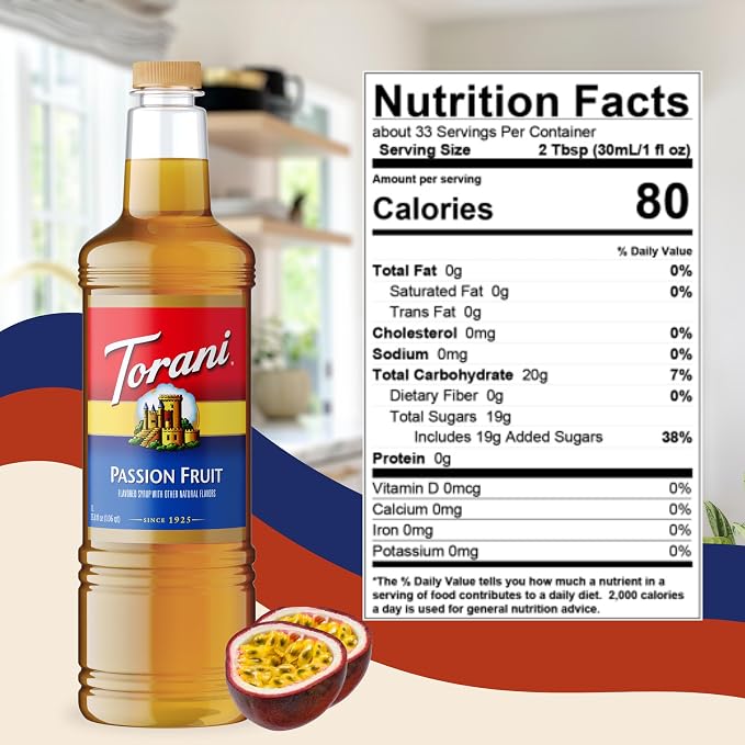 Torani Passion Fruit Syrup 1 Liter Bottle with Pump – Juicy Tropical Flavoring for Cocktails, Iced Drinks, Teas & Lemonades, Pure Cane Sugar Syrup, Mess-Free Pump Dispensing for Home & Café Creations - Image 2