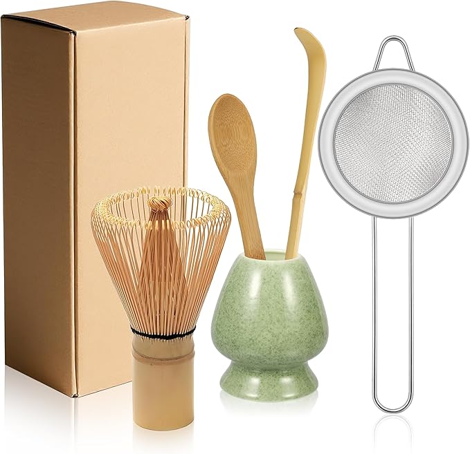 Bamboo Matcha Whisk Set 5Pcs, Matcha Whisk, Ceramic Whisk Holder (Green), Sifter, Traditional Tea Scoop and Tea Spoon, Japanese Matcha Ceremony, Gift for Matcha Lovers Beginner