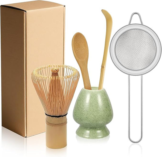 Bamboo Matcha Whisk Set 5Pcs, Matcha Whisk, Ceramic Whisk Holder (Green), Sifter, Traditional Tea Scoop and Tea Spoon, Japanese Matcha Ceremony, Gift for Matcha Lovers Beginner