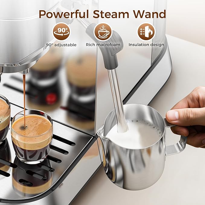 Kndko Espresso Machine, 20 Bar Espresso Maker with Milk Frother, Compact Stainless Steel Coffee Machine with 34oz Removable Water Tank for Cappuccino, Latte