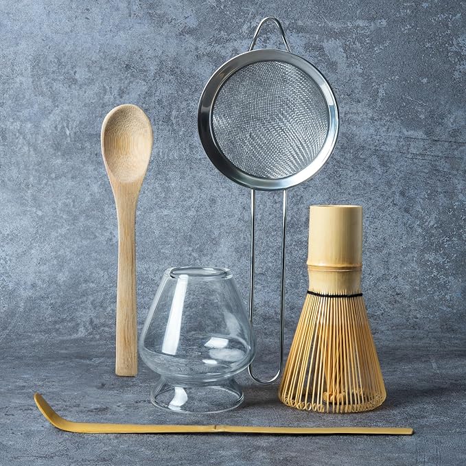 Matcha Whisk Set Glass, Matcha Making Kit Whisk (Chasen Holder), Glass Whisk Holder, Bamboo Scoop, Powder Starter Sifter, Spoon Japanese Tea Tools For Ceremony Gift
