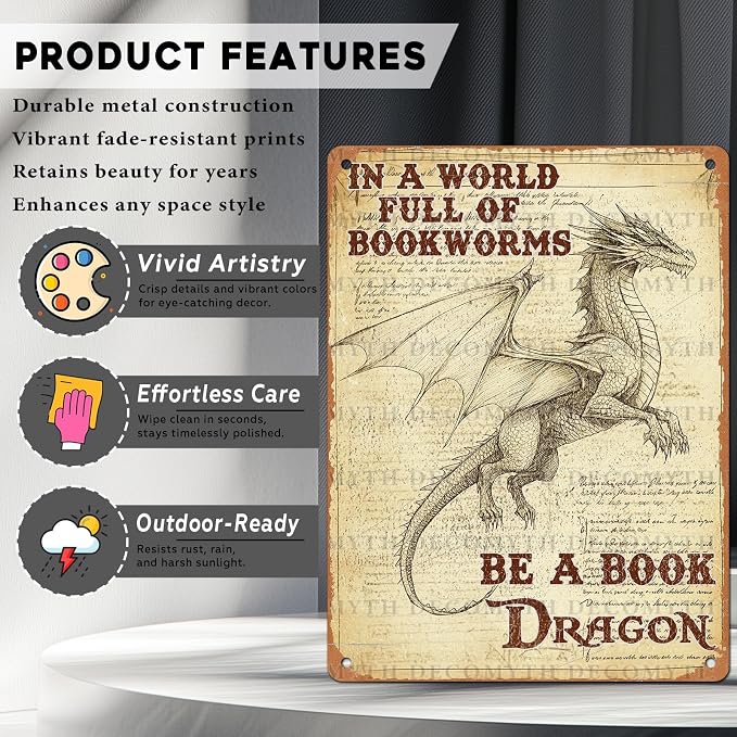 Retro Dragon Tin Sign In a World Full of Bookworms be a Book Dragon Vintage Metal Poster Funny Bath Wall Art Toilet Man Cave Bar Cafe Indoor Room Garage 12 * 16inch - Image 2