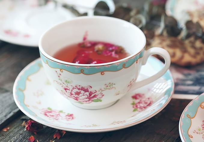 Jusalpha Serve of 4 Vintage Rose China Tea Cup/Coffee Cup Spoon and Saucer Set- 7 Oz, Afternoon Tea Set, Gift for Women TCS29(4)