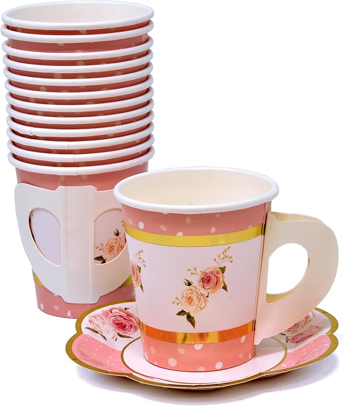 Gift Boutique 36 Paper Tea Cups with Handles and 36 Floral Shaped Saucers Disposable Teacup Set for Kids Adults Birthday Baby Bridal Shower Tea Party