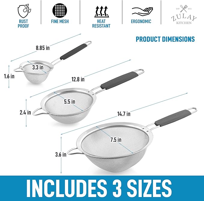 Zulay Kitchen Premium Stainless Steel Fine Mesh Strainer Set - Strainers For Kitchen (Set of 3) With Non-Slip Handles - Includes A Small, Medium & Large Fine Mesh Sieve Set - Durable Metal Strainer