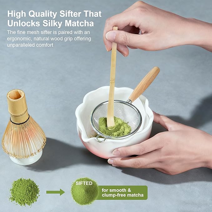8Pcs Matcha Whisk Set with Floral Ceramic Matcha Bowl, Wooden-Handled Sifter, Bamboo Whisk, Whisk Holder, Bamboo Scoop, Scoop Rest, Spoon, Tea Towel, Greeting card, Gift for Beginners