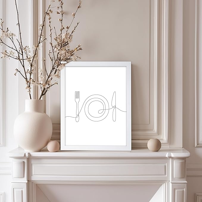 Poster Master Vintage Minimalist Poster - Retro Illustration Print - Fork, Plate, Knife, Line Drawing, Simple - Gift for Artist, Friend - Wall Decor for Kitchen, Restaurant, 11x14 White Framed