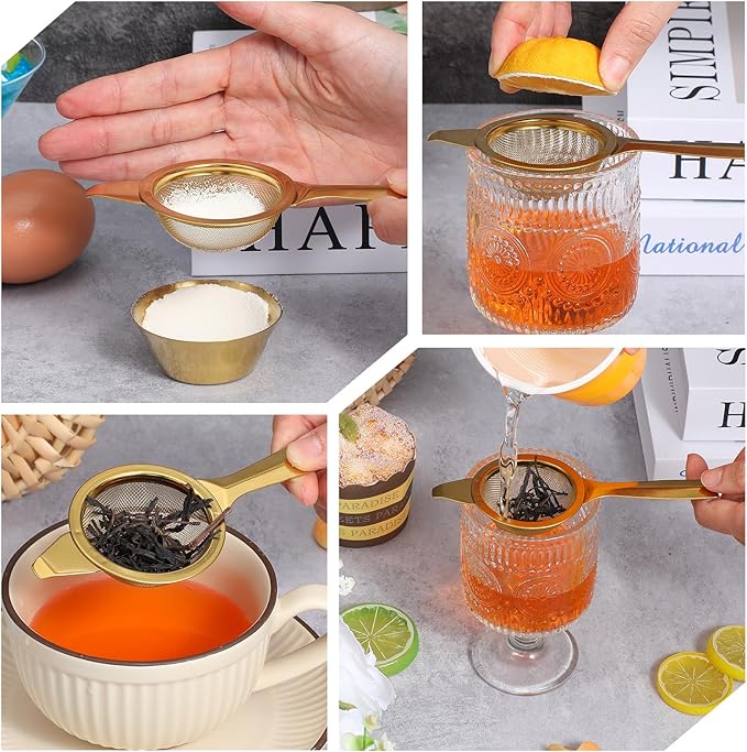 2.2" Mini Matcha Sifter Set, 30 Fine Mesh Matcha Strainer with Handle and Base, Stainless Steel Small Tea Strainer for Loose Tea Coffee Cocktail(Gold)