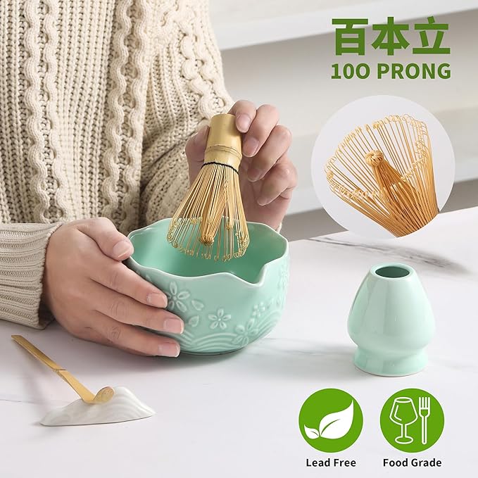 Matcha Whisk Set, 5 Pcs Ceramic Matcha Set, Matcha Kit Set Includes Matcha Bowl, Matcha Whisk and Holder, Bamboo Scoop and Sifter, Matcha Tea Set, Ideal Gift for Family/Friend (Green)