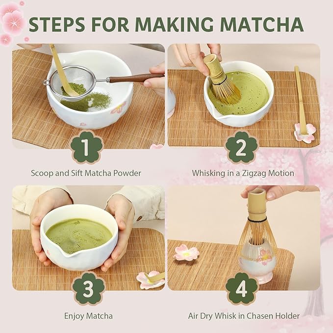 Matcha Whisk Set with Tray 8pcs, Matcha Kit includes Matcha Bowl, Matcha Whisk (Chasen), Whisk Holder, Scoop(Chashaku), Bamboo Placemat, Sifter, Tea Cloth Chakin，Blue & Pink