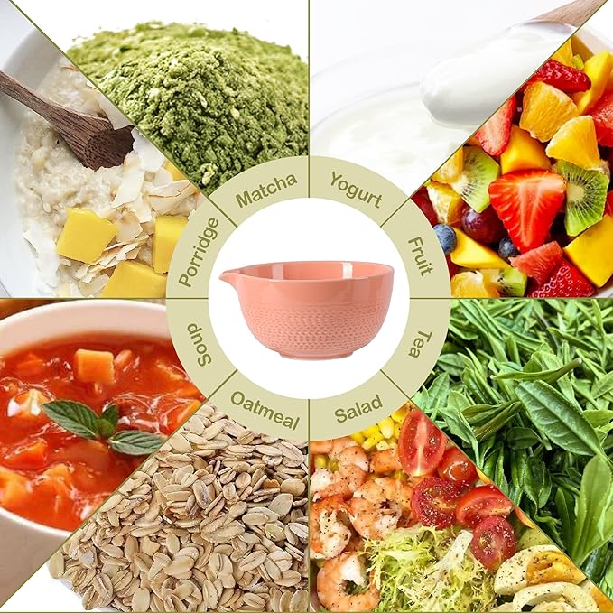 Matcha Bowl with Spout, 500 ml/18 oz Ceramic Matcha Mixing Bowl, Japanese Ceremonial Matcha Chawan for Matcha Powder/Salad/Fruit/Soup/Tea - Pink