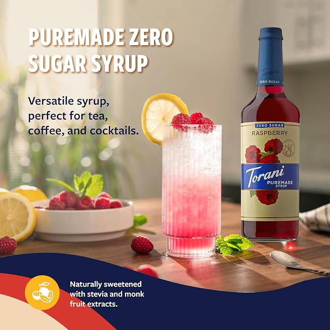 Torani Zero Sugar Puremade Syrup, Raspberry Flavoring for Drinks, Glass Bottle with Pump Included, 25.4 Fl Oz - Image 4