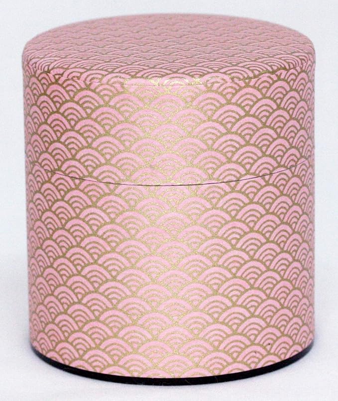 Washi Paper Tea Tin Canister: Wide 3.5oz (100g) Baby Pink Waves with Gold Outlines (#90), Japan