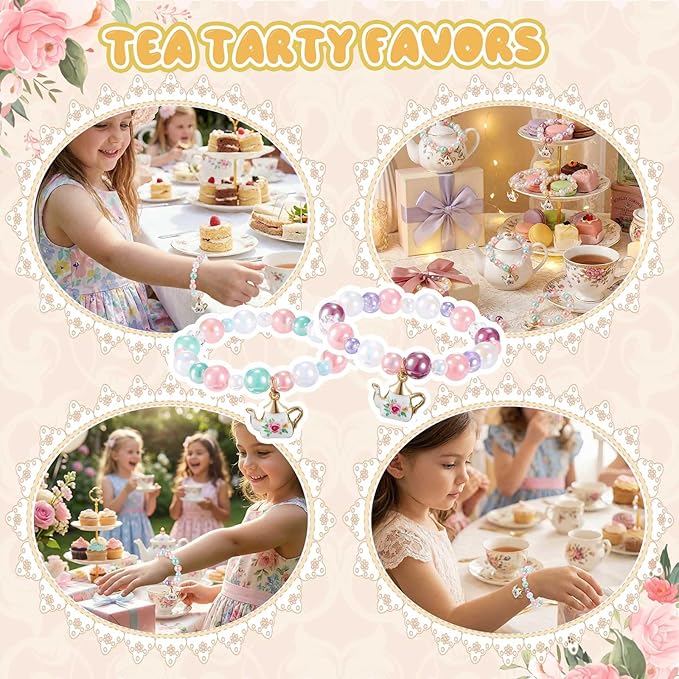 Ecally 24 Pcs Tea Party Favors Bracelet Bulk Tea Pot Beaded Bracelet Party Supplies Pendant Accessories Decorations for Kids Girl