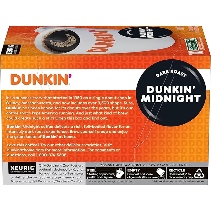 Dunkin' Midnight Dark Roast Coffee, 60 Keurig K-Cup Pods, (Pack of 12)