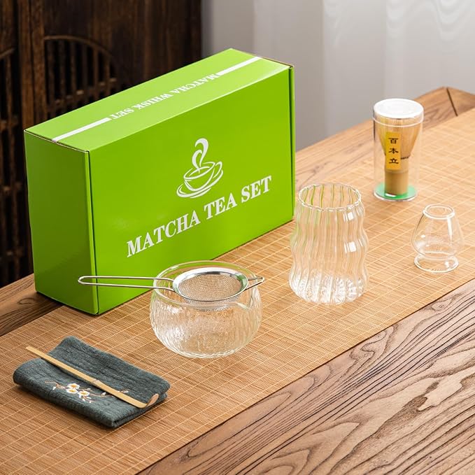 7Pcs Japanese Matcha Tea Set, Matcha Kit with Matcha Bowl (with Pouring Spout), Matcha Whisk, Whisk Holder, Strainer - Elegant Matcha Set for Gifting, Gift Box Packaging glass