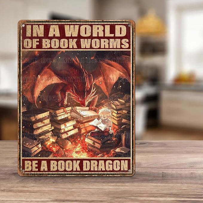 Dragon Vintage Art Wall Decor Sign In A World of Bookworms Be A Book Dragon for Garage Home Bedroom Bar Wall Decor 12 * 16inch - Image 5