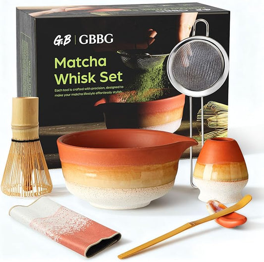 Matcha Whisk Set, Ceramic Matcha Kit Desert Style, Matcha Whisk and Bowl, Bamboo Scoop and Rest, Sifter and Tea Towel, 7 Pcs Gifts for Matcha Lover - Matte Soil