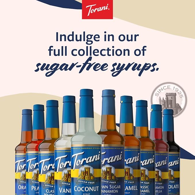 Torani Sugar Free Coffee Syrup, Vanilla, Caramel, and Classic Hazelnut Variety 3-Pack, Flavoring for Drinks, New Easy-Pour Spouts Included, Half-Size Bottles, 12.7 Fl Oz Ea - Image 6