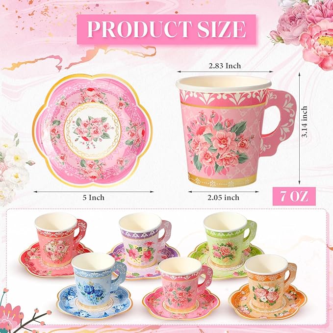 Nuogo 300Pcs Floral Paper Tea Cups and Saucers 7 OZ Disposable Tea Cup with Handle and Plates for Garden Party Supplies Wedding Birthday Baby Shower Bridal Mother's Day, Serve 150 Guest(Vibrant Color)