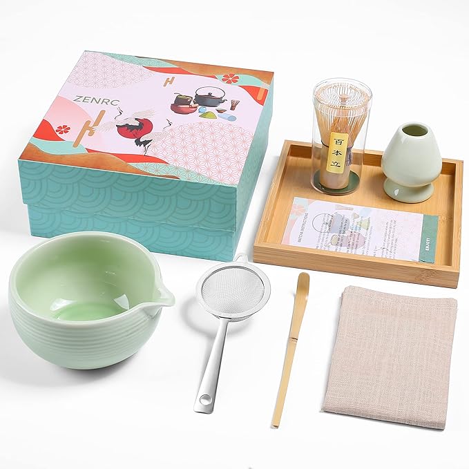 Ceremony Matcha Kit - Handmade Bamboo Matcha Whisk (Chasen) Scoop (Chashaku) Spouted Chawan Bowl Whisk Holder Sifter Bamboo Tea Tray Towel- The Perfect Matcha Set (Apple Green, Set of 7)