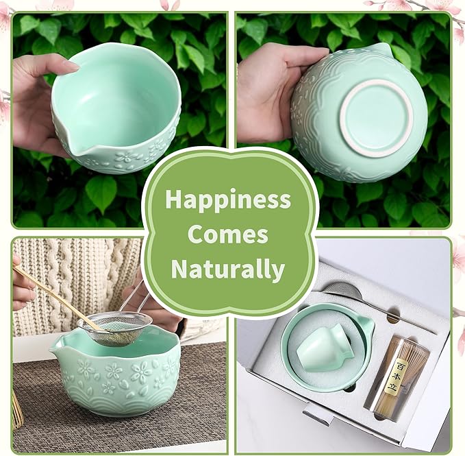 Matcha Whisk Set, 5 Pcs Ceramic Matcha Set, Matcha Kit Set Includes Matcha Bowl, Matcha Whisk and Holder, Bamboo Scoop and Sifter, Matcha Tea Set, Ideal Gift for Family/Friend (Green)