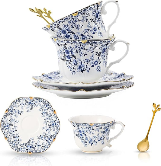 Country Roses Porcelain Tea Cup and Saucer Set with Gold Trim, Vintage Style, For Women and Tea Parties (2, Cyan)